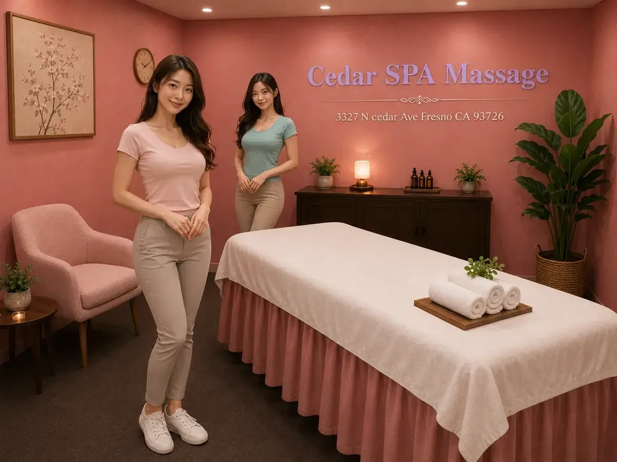 Two friendly massage therapists in a clean private treatment room at Cedar Spa Massage in Fresno, CA