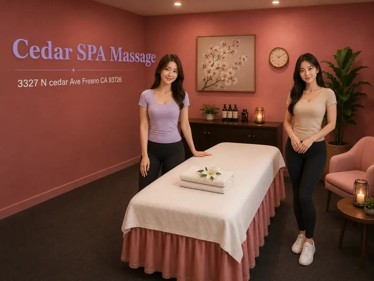 Friendly massage therapists beside a clean table at Cedar Spa Massage in Fresno CA